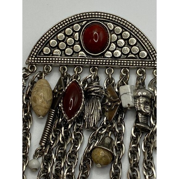 Vintage Silver-Tone Multi-Chain Statement Brooch With Red Beige & White Stone Ac - Picture 6 of 12